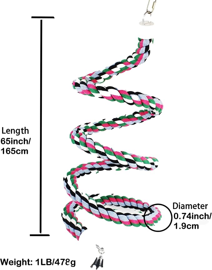 65inch Cotton Bendable Rope(Plus 1 Set 3 Steel Bells) Perch Swing Bird Chew Toys Amazon Parrots Cage Toys with Bell Swing Climbing Standing Bungee Bird Toys for Large to Regular Size Birds