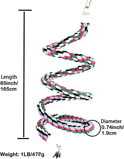 65inch Cotton Bendable Rope(Plus 1 Set 3 Steel Bells) Perch Swing Bird Chew Toys Amazon Parrots Cage Toys with Bell Swing Climbing Standing Bungee Bird Toys for Large to Regular Size Birds