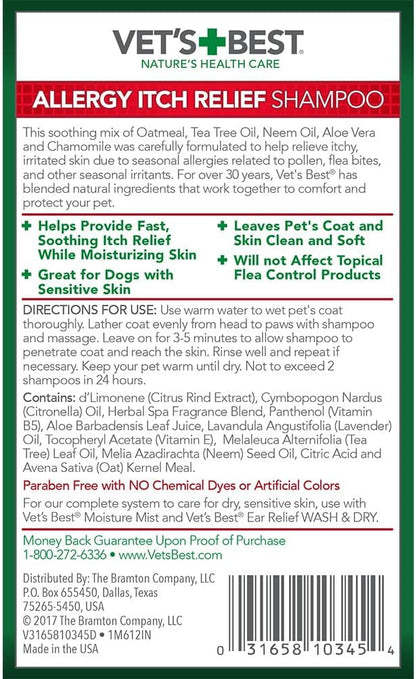 Vet's Best Allergy Itch Relief Dog Shampoo | Cleans and Relieves Discomfort from Seasonal Allergies | Gentle Formula | 16 Oz