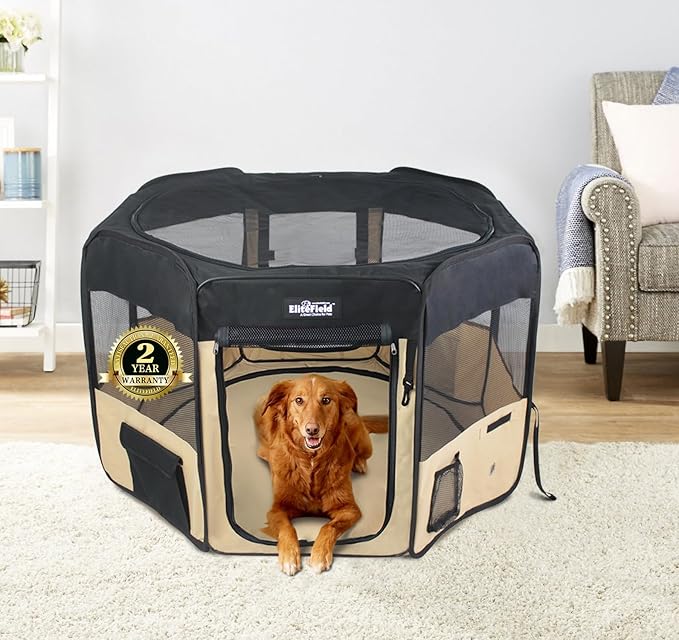 EliteField 2-Door Soft Pet Playpen (2 Year Warranty), Exercise Pen, Multiple Sizes and Colors Available for Dogs, Cats and Other Pets (52" x 52" x 32"H, Black+Beige)