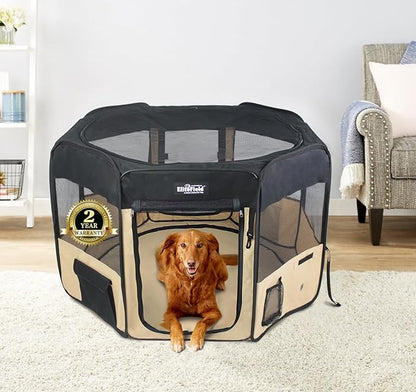 EliteField 2-Door Soft Pet Playpen (2 Year Warranty), Exercise Pen, Multiple Sizes and Colors Available for Dogs, Cats and Other Pets (52" x 52" x 32"H, Black+Beige)