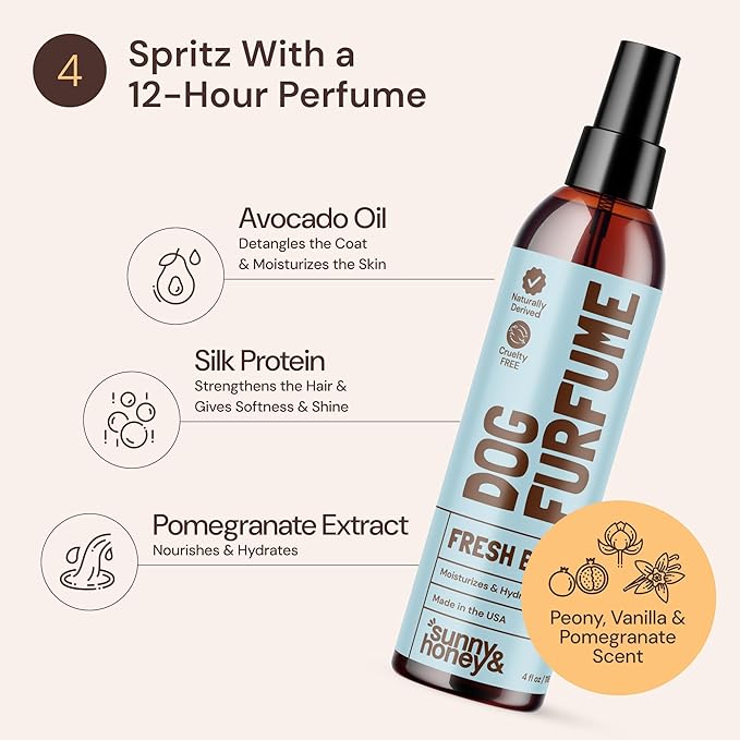 Sunny & Honey Bath Bundle - Dog Shampoo and Conditioner, Perfume, Brush for Shedding & Microfiber Towel - Moisturize & Detangle - Dog Wash & Cologne Spray (Coconut Shampoo 16oz & Breeze Perfume 8oz)