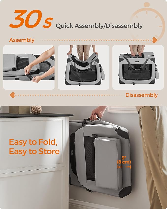 Feandrea 28 Inches Collapsible Soft Dog Crate, Portable Travel Dog Crate for Indoor and Outdoor Use, Dog Carrier Kennel with Safety Zippers, for Living Room, Car, Travelling, Smoke Gray UPDC070G02