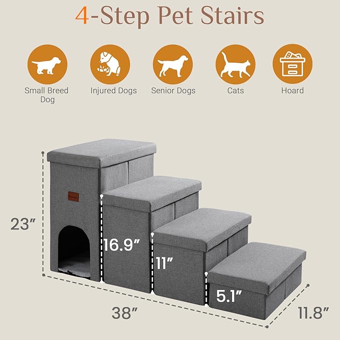 JOLLYVOGUE Dog Steps for Small Dogs, Cat Stairs with Storage, Non-Slip Dog Steps for Beds Couches, Folding Pet Stairs Helper for High Beds, Dog Ramp for Small Dogs and Cats or Pets Friendly, 4-Tiers