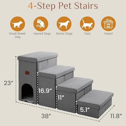 JOLLYVOGUE Dog Steps for Small Dogs, Cat Stairs with Storage, Non-Slip Dog Steps for Beds Couches, Folding Pet Stairs Helper for High Beds, Dog Ramp for Small Dogs and Cats or Pets Friendly, 4-Tiers