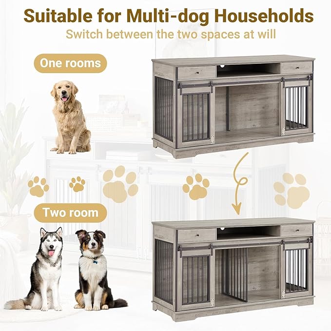 Rovibek 66 Double Dog Crate Furniture for 2 Dogs, Large Double Dog Kennel Furniture TV Stand, Furniture Style Dog Crates End Table, Wood Crates for Dogs Kennel Indoor Grey