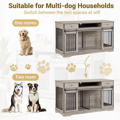 Rovibek 66 Double Dog Crate Furniture for 2 Dogs, Large Double Dog Kennel Furniture TV Stand, Furniture Style Dog Crates End Table, Wood Crates for Dogs Kennel Indoor Grey