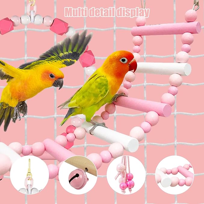 3-Piece Pink Bird Toys Set  Parrot Perch, Swing & Ladder Interactive Cage Accessories for Parakeets, Cockatiels, Conures, Budgies  Ideal for Small to Medium Birds