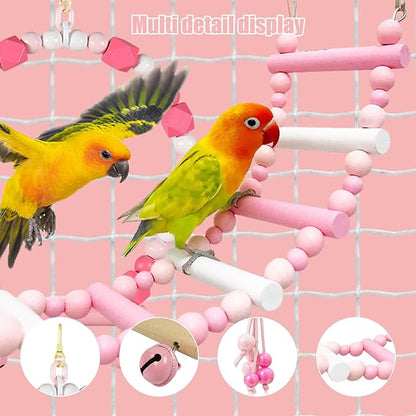 3-Piece Pink Bird Toys Set  Parrot Perch, Swing & Ladder Interactive Cage Accessories for Parakeets, Cockatiels, Conures, Budgies  Ideal for Small to Medium Birds