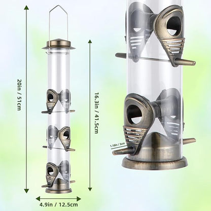 MIXXIDEA 1PK Metal Bird Feeders with 6 Feeding Ports,Tube Bird Feeder with Steel Hanger,Hard Plastic Wild Bird Feeder for Outdoors Hanging, Attracting Birds in Your Lawn, Garden, Balcony–Bronze