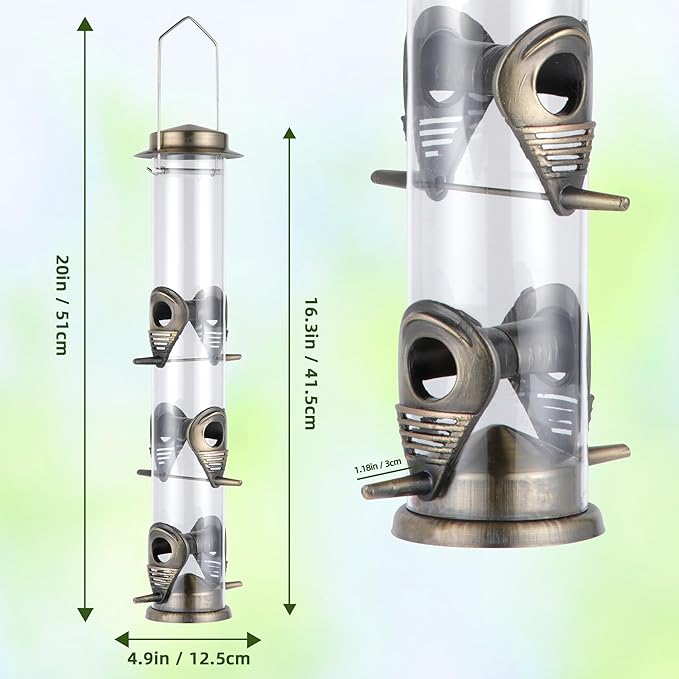 MIXXIDEA 2PK Metal Bird Feeders with 6 Feeding Ports,Tube Bird Feeder with Steel Hanger,Hard Plastic Wild Bird Feeder for Outdoors Hanging, Attracting Birds in Your Lawn, Garden, Balcony (Bronze)