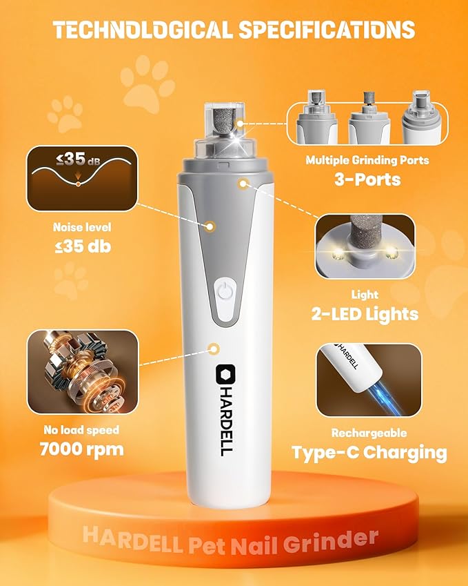 HARDELL Dog Nail Grinder, Super Quiet Dog Nail Trimmers with 2 LED Lights & 3 Grinding Ports, Safety Pet Nail Grinder for Small Dogs/Cats & Puppy