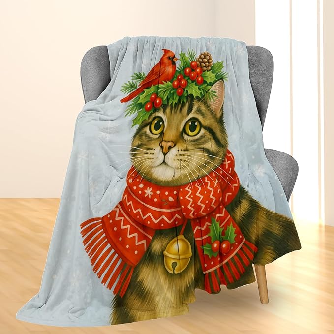 Christmas Tabby Cat Blanket, Soft Lightweight Flannel Cute Holiday Kitten Throw Blanket for Couch, Bed, Travel & Home Decor Gifts, Cozy Warm Festive Blankets for Women Girls Cat Lovers 80×60 in