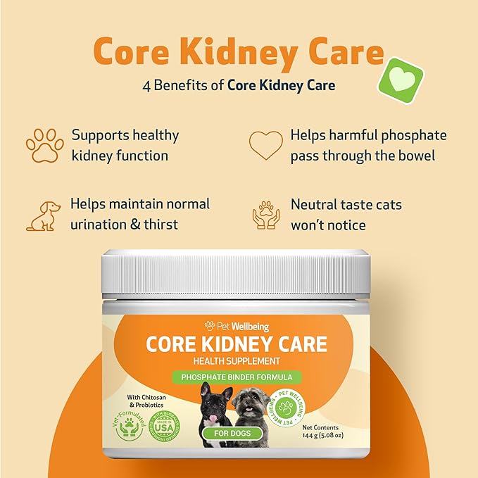 Pet Wellbeing Core Kidney Care for Dogs - Daily Phosphate Binder, Supports Healthy Kidney Function with FOS, Chitosan, Probiotics - Veterinarian-Formulated 5.08 oz (144 g) Powder