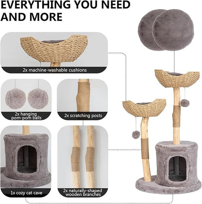 Modern Cat Tree for Indoor Cats Large Adult, 46" Tall Wooden Cat Tower for Large Cats with Scratching Post, Luxury Cat Condo, Grey