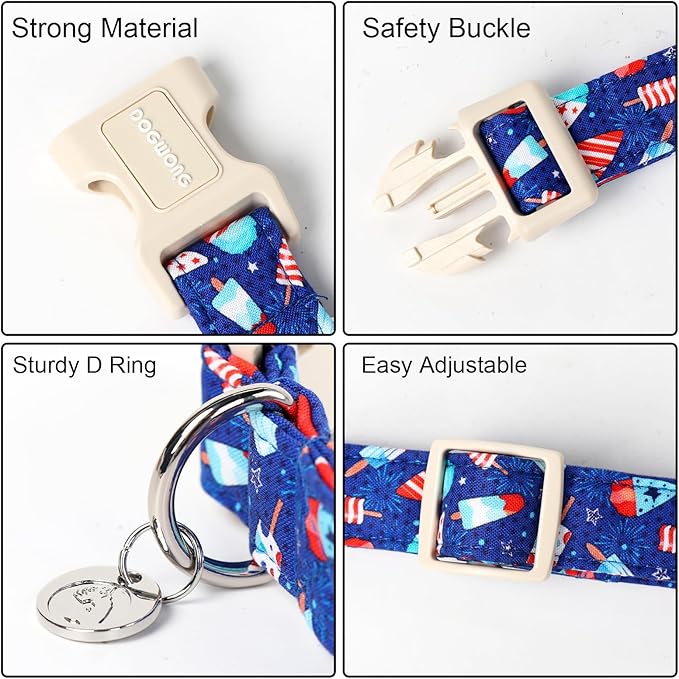 DOGWONG Cotton Dog Collar - Summer Popcile Soft Fabric Puppy Necklace for Small to Large Dogs - Blue Ice Cream Pattern