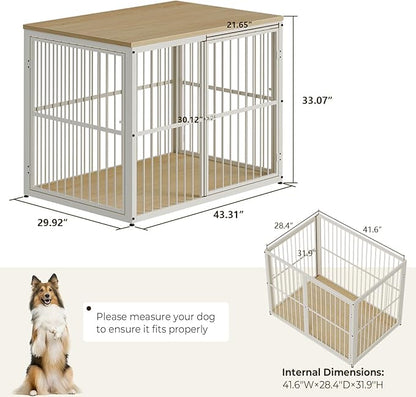 43'' Dog Crate Furniture with 3 Doors, XL Wooden Crate End Table, Heavy Duty Indoor Puppy Cage Kennel for Medium to Large Dogs, Multiple Units Can be Combined, Natural Beech
