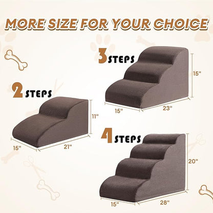 Romrol Dog Stairs Ramp for Beds Couches, Extra Wide Pet Steps with Durable Non-Slip Waterproof Fabric Cover, Pets Slope Stairs, 3-Tiers,Coffee