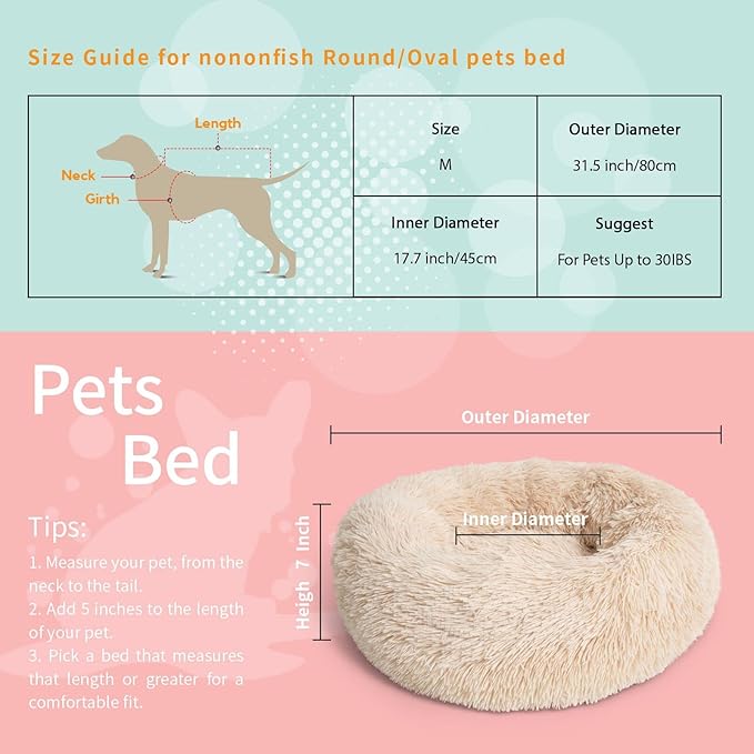 Small Dog Bed Calming Dogs Bed for Small Medium Large Dogs Anti-Anxiety Puppy Bed Machine Washable Warming Cozy Soft Pet Round Bed Fits up to 10-100 lbs (Medium (Pack of 1), Beige)