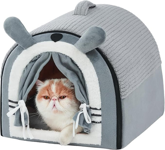Jiupety Cat Houses for Indoor Cats, Cave Bed with Door Curtain Design, Cute Portable Beds with Reversible Washable Cushion, S Size Soft Kitty Hideaway Up to 6 lbs, Non-Slip Bottom, Grey
