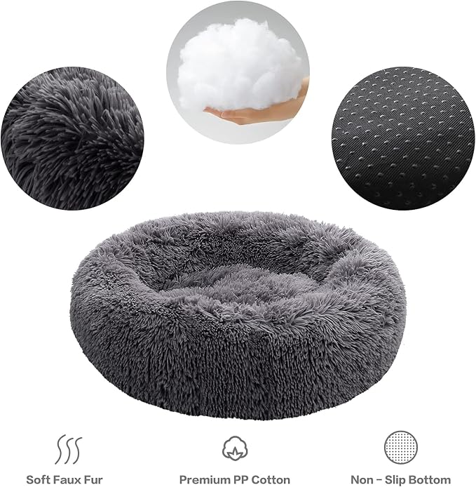 NOYAL Calming Donut Dog Bed for Small to Medium Dogs & Cats - Plush Faux Fur Anti-Anxiety Pet Bed with Machine Washable Cover & Non-Slip Base