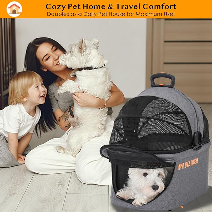 PAWZIDEA Portable Small Dog Crate for Car Travel, Enclosed Pet Car Seats for Small/Medium Dogs & Cats, Reversible No-Zip Canopy, Soft-Sided Pet Carrier Cage, Collapsible Travel Dog Kennel, Chew-Proof