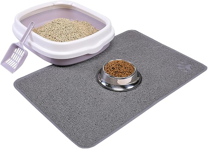 Cat Open Top Litter Box with Lid, Litter Mat, Poop Lifter Scoop & Kitten Kitty Stainless Steel Feeding Dish Bowl, Starter Kit 4 Pack for Small cat Within 5 Months (Grey-Four Entries)
