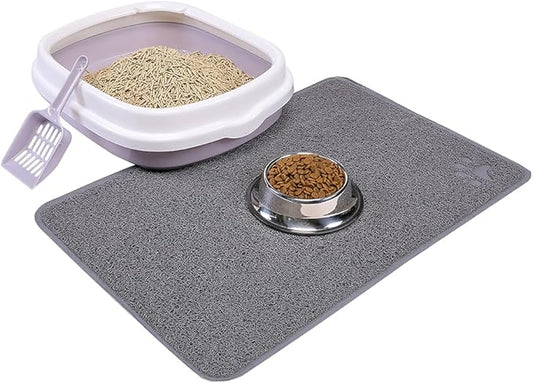 Cat Open Top Litter Box with Lid, Litter Mat, Poop Lifter Scoop & Kitten Kitty Stainless Steel Feeding Dish Bowl, Starter Kit 4 Pack for Small cat Within 5 Months (Grey-Four Entries)