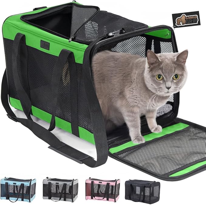 GORILLA GRIP Cat Carrier Travel Bag Up to 15 Lbs, Soft Collapsible Small Dog Carriers, Top and Side Entry Breathable Mesh, Grip Feet on Underside, Cozy Washable Waterproof Pad, Portable Kennel, Green