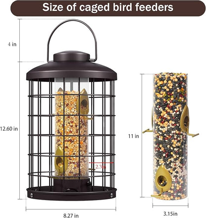 Caged Bird Feeders Metal - 3 Lbs - Squirrel-Proof Wild Bird Feeders, Clear Tube Feeders Hanging Outside Starling Proof, Detachable Cleaning, 4 Feed Ports(Copper)