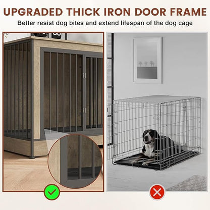 75 Inch Double Dog Crate Furniture, 3 in 1 Dog Cage for Large Dogs, Durable Grey TV Stand Dog Crate with Trays and Divider, Double Dog Kennel for 2 Dogs