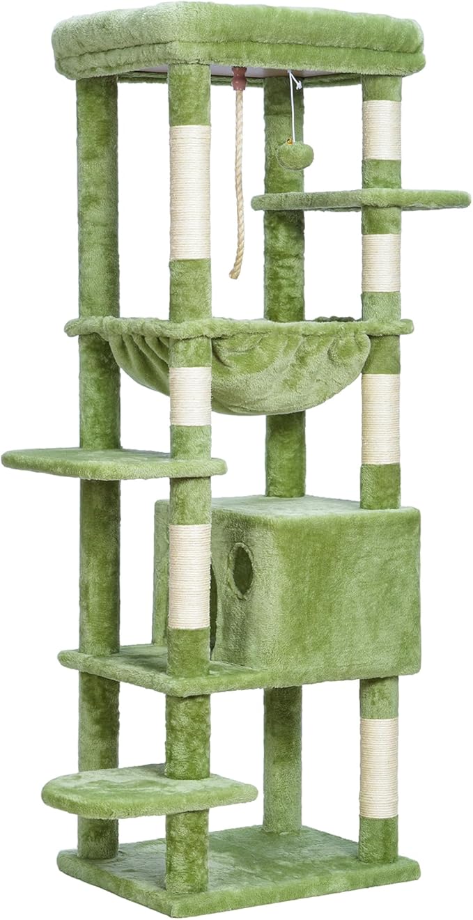 Heybly Cat Tree for Large Cats 20lbs Heavy Duty,60 inches XXL Cat Tower for Indoor Cats, Multi-Level Furniture Condo with Big Padded Plush Perch, Cozy Basket, Green HCT050GR