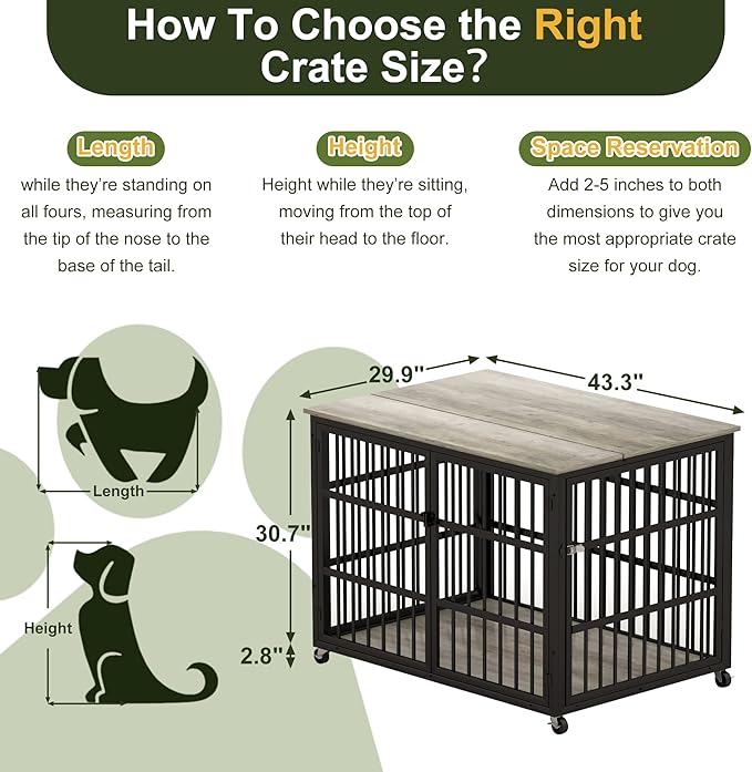 NicBex Dog Crate Furniture, 43.3" L Double Doors Flip-Top Kennel for Large Dogs, Grey
