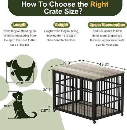 NicBex Dog Crate Furniture, 43.3" L Double Doors Flip-Top Kennel for Large Dogs, Grey