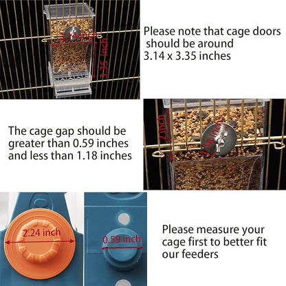 Automatic No Mess Bird Cage Feeder， 2Pack Acrylic Transparent Parrot Seed Feeders with Perch Parakeet Food Container Cage Accessories for Small and Medium Lovebirds Canary Cockatoo Cockatiel Finch