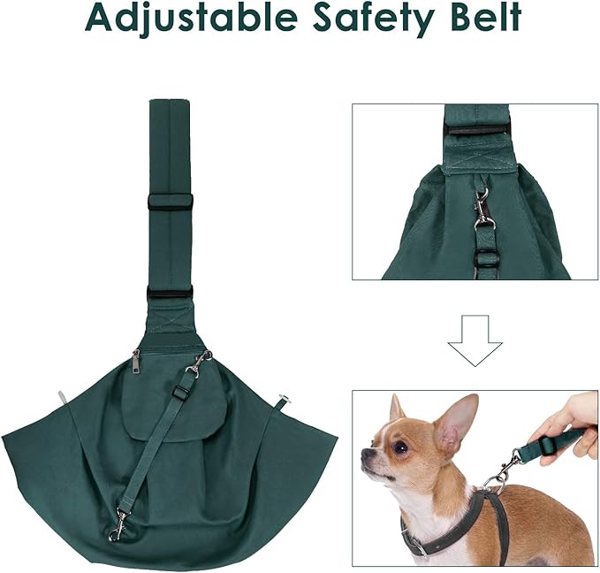 Dog Padded Papoose Sling, Small Pet Sling Carrier Hands Free Carry Adjustable Shoulder Strap Reversible Tote Bag with a Pocket Safety Belt Dog Cat Traveling Subway (5-12lbs, Green)