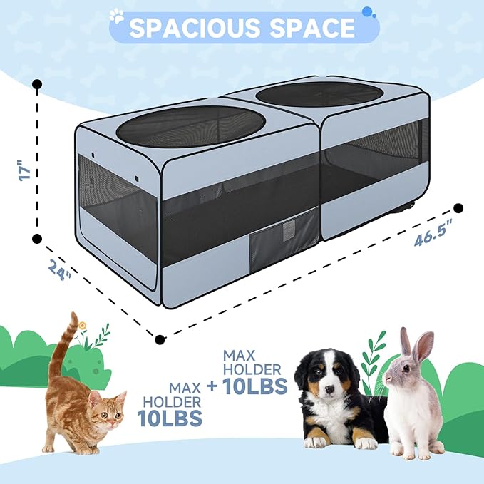 2-in-1 Dog Playpen, 46.5'' Pop Up Cat Puppy Pet Playpens Indoor/Outdoor Cats Enclosed, Cat Dog Tent Crate Cage Kennel, Portable Playpen for Kitten, Small Animals Play Pen(No Divider, Unified Space)