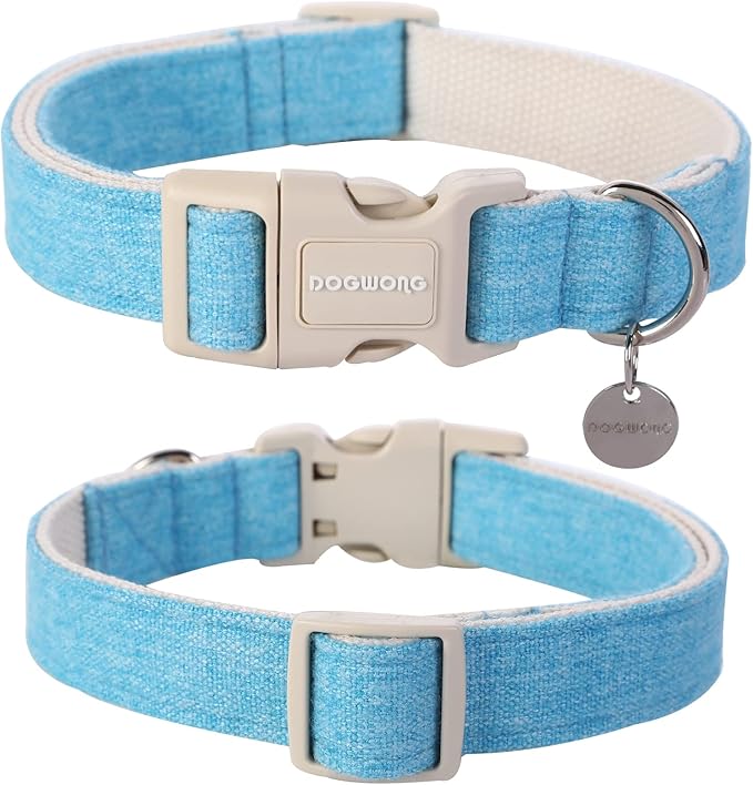 DOGWONG Cotton Hemp Dog Collar, Heavy-Duty Blue Dog Collar Adjustable Soft Natural Fabric Cute Wedding Puppy Necklace for Small Medium Large Dogs