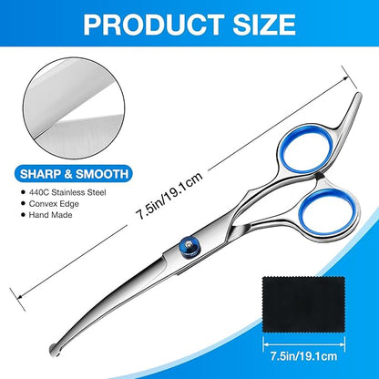 Dog Grooming Scissors Curved Shears Set Rounded Trimming Scissors for Professional Pet Dogs Cats Doodles Face Paws Matted Hair Removal at Home Use Supplies Station for Carding Tools and Trimmer