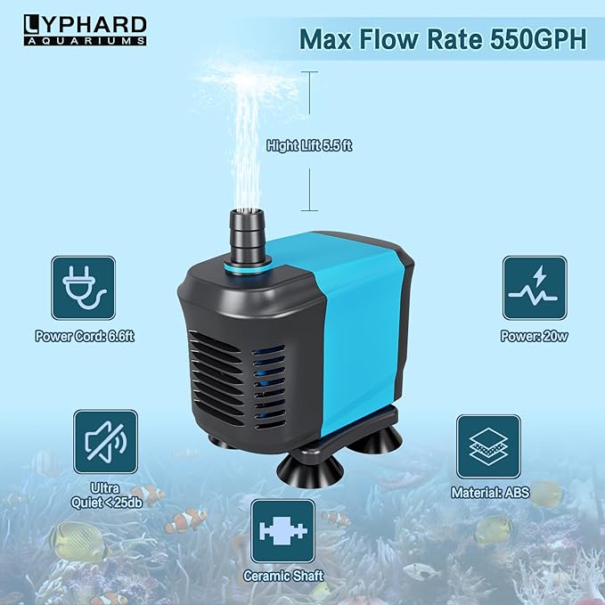 LYPHARD AQUARIUMS 40W Submersible Water Pump Flow 550GPH, High Lift 5.5ft, Ultra Quiet Pond Pumps Aquarium Pump for Fish Tank, Hydroponics, Outdoor Fountain