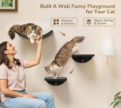 Cat Wall Shelves for Large Cats Set, Grey Curved Wall Sisal Bed and 2 Floating Wall Sisal Steps, Wall Mounted Climbing Shelves for Sleeping, Playing, and Lounging