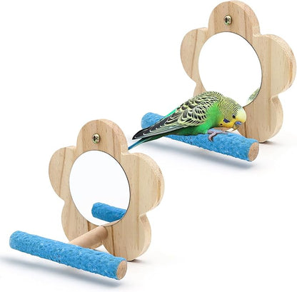 2Pcs Small Bird Mirror Parrot Swing,Wooden Parakeet Perches Flower Interactive Play Toys for Small Budgies Macaw African Grey Parakeets Lovebird Cockatiel Cage Accessories (S,Wood-2p)