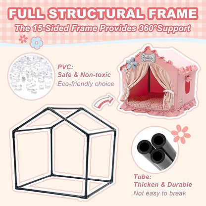 Jiupety Indoor Dog House with Frame, Cute Dog Tent Bed with Cover Cave, Breathable, Washable, and Foldable House, Suitable for 10-20 Lb Puppy and Cats, Medium (17"×17"×17"), Pink