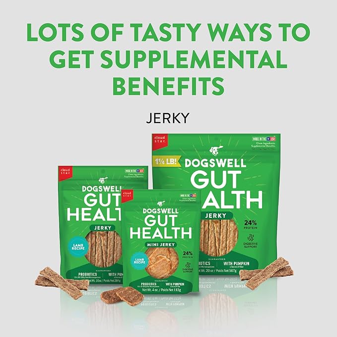 DOGSWELL Gut Health Meaty Jerky Dog Treats, Lamb, 20 oz. Pouch