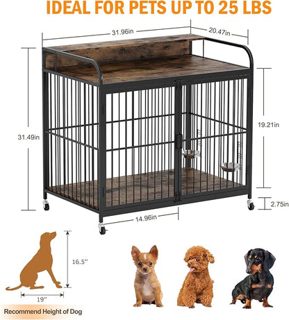Dog Crate Furniture, Wooden Dog Crate End Table with Adjustable Height & 360° Rotating Feeder, Dog Kennel Indoor with 360° Wheels for Small Dogs, Heavy Duty Dog Crate (31.96''L x 20.47''W x 31.49''H)