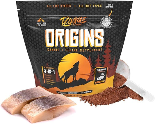 ROGUE PET SCIENCE Origins 5-in-1 Dog Supplement - Powdered Food Topper w/Natural Omega 3 Fish Oil - Supports Healthy Digestion, Skin, and Coat - Helps Reduce Itching & Joint Inflammation (5 lbs)