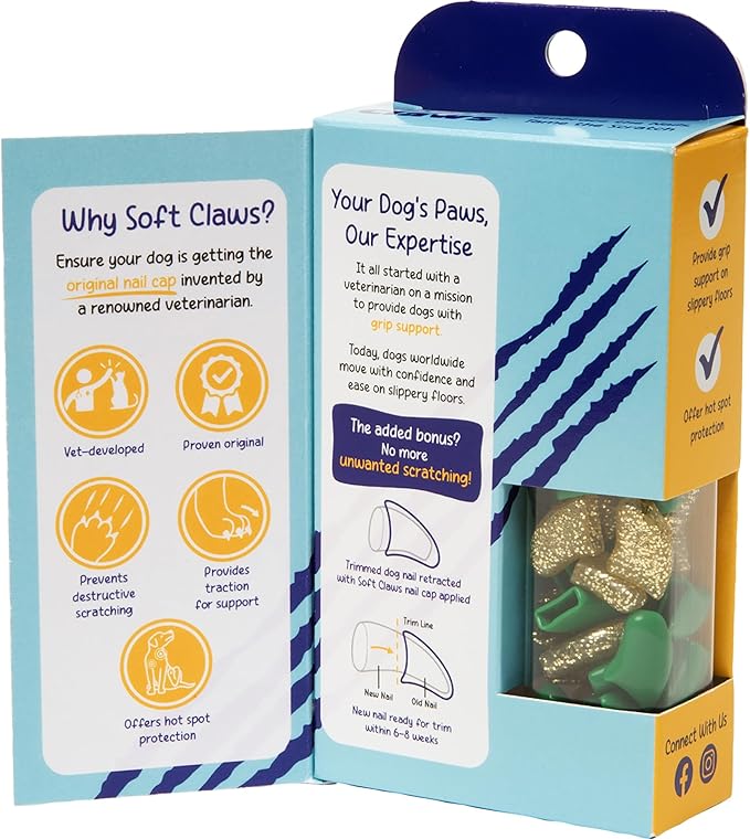 Soft Claws Nail Caps for Dogs with Non-Slip Design Made in USA - 40 Dog Nail Covers for Long-Lasting Protection of Floors and Furniture - Green & Gold Sparkle, XXL