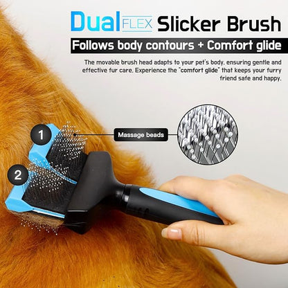 Dual Flex Slicker Brush Dog Brush, Gentle Grooming Tool for Sensitive Dogs & Cats - Ideal for Long Hair, Removes Undercoat, Tangles, and Knots