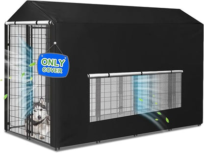 Dog Kennel Cover Large Shade Outdoor Playpen Cover Fully Enclosed Outside Waterproof Dog Crate Cover with Anti-UV Mesh Window and Clear Pannel for Viewing (Cover only Patent Design)