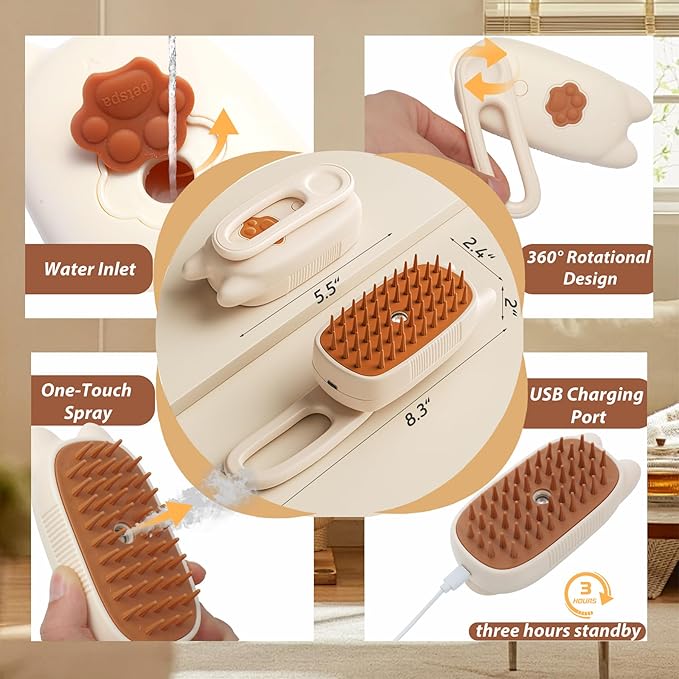 3 in 1 Cat Steam Brush Rechargeable Anti-Static Pet Spray Hair Removal Comb for Shedding and Grooming Multi-functional Pet Massage Brushes for Cats Dogs Small Animals